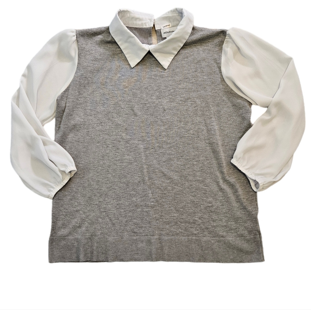 Stitchcount XL Grey Top with White Semi-Sheer Sleeves